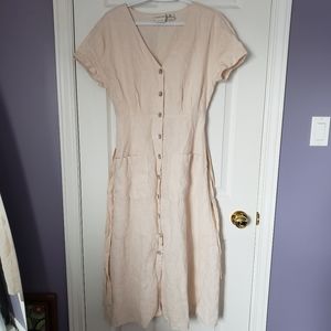 Rachel Zoe 100% Linen Midi Dress with Cap sleeves, button up, cream color